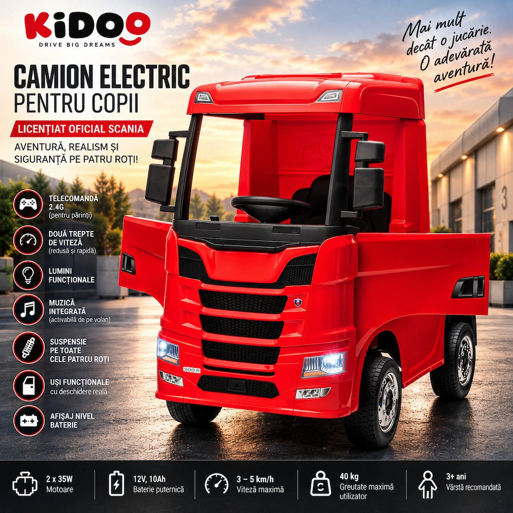 Camion Electric pentru Copii KIDOO cu Remorcă, Licență Oficială SCANIA, Telecomandă 2.4G, Model BJHL698B – 12V, Lumini și Muzică Rosu