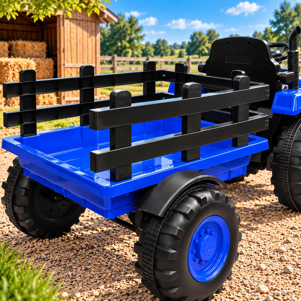Tractor Electric cu Telecomandă pentru Copii KIDOO, cu Remorcă și Gard, Far, Sunet Motor, Claxon, MP3/USB – 3-6 Ani Albastru