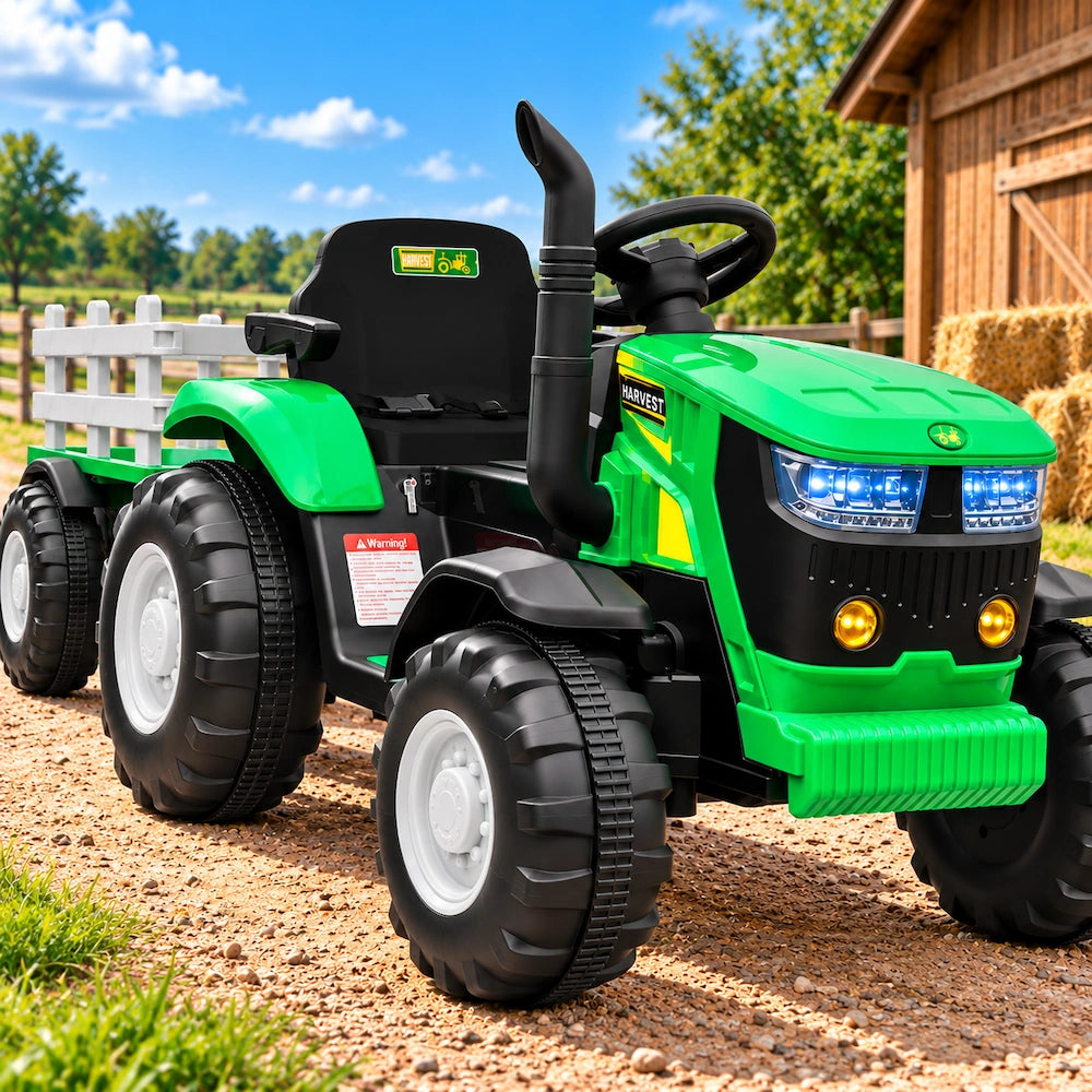 Tractor Electric cu Telecomandă pentru Copii KIDOO, cu Remorcă și Gard, Far, Sunet Motor, Claxon, MP3/USB – 3-6 Ani Verde