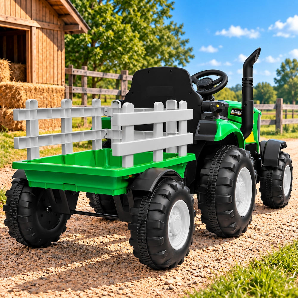 Tractor Electric cu Telecomandă pentru Copii KIDOO, cu Remorcă și Gard, Far, Sunet Motor, Claxon, MP3/USB – 3-6 Ani Verde