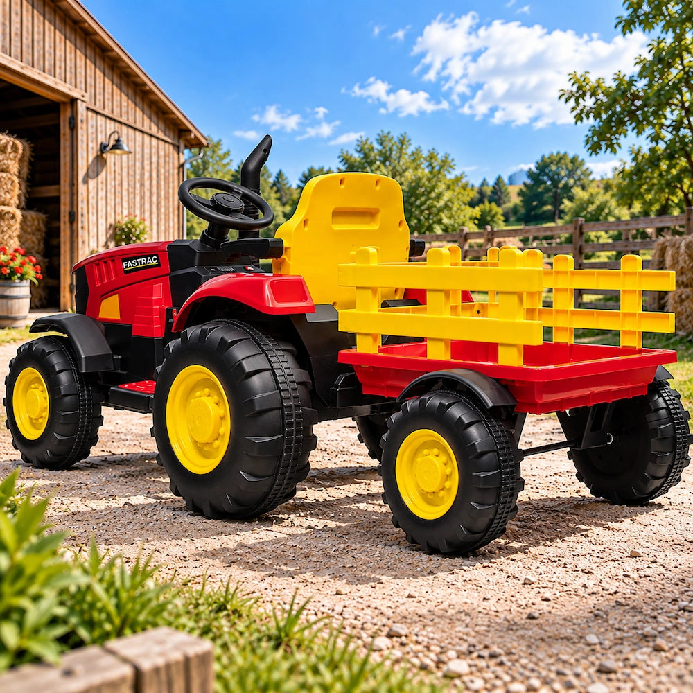Tractor Electric cu Telecomandă pentru Copii KIDOO, cu Remorcă și Gard, Far, Sunet Motor, Claxon, MP3/USB – 3-6 Ani Rosu