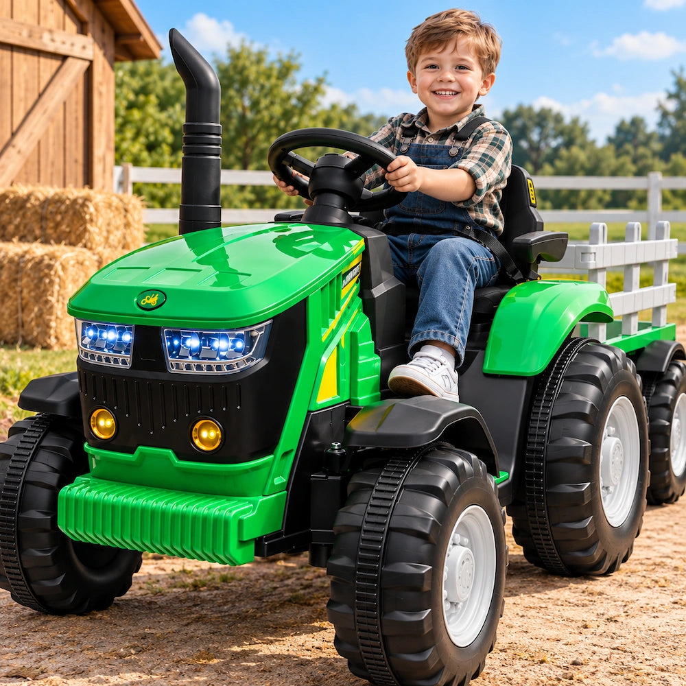 Tractor Electric cu Telecomandă pentru Copii KIDOO, cu Remorcă și Gard, Far, Sunet Motor, Claxon, MP3/USB – 3-6 Ani Verde