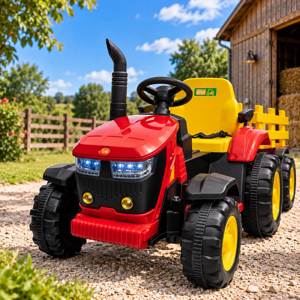 Tractor Electric cu Telecomandă pentru Copii KIDOO, cu Remorcă și Gard, Far, Sunet Motor, Claxon, MP3/USB – 3-6 Ani Rosu
