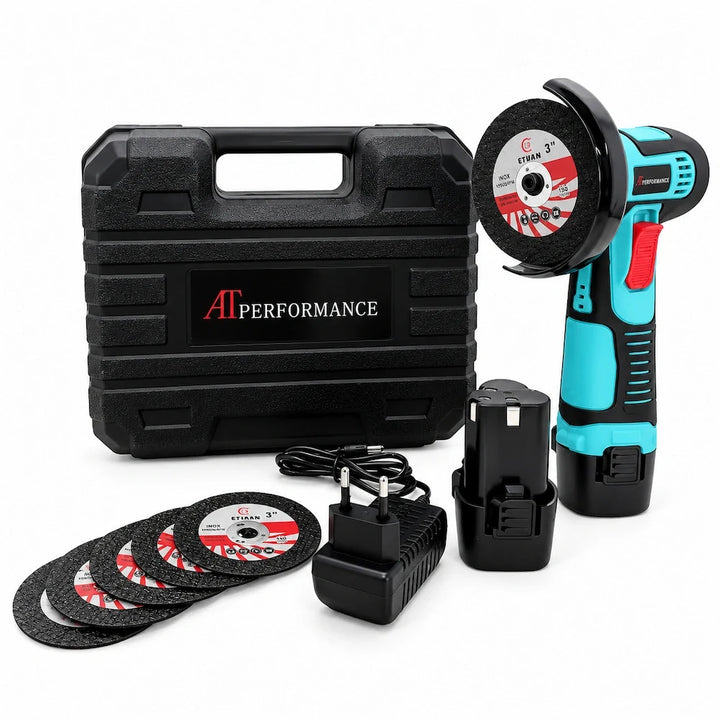 Mini Polizor Unghiular Flex pe Acumulator AT PERFORMANCE®, Tiffany Blue – 750W, 19.500 RPM, 2 Acumulatori 12V, Valiză + 6 Discuri Incluse
