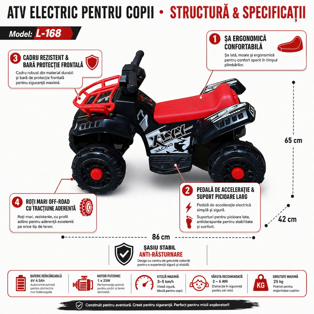 ATV Electric Copii KIDOO® L-168, 6V, 3–5 km/h, 3–8 ani – Distracție Off-Road, Sigur și Ușor de Utilizat