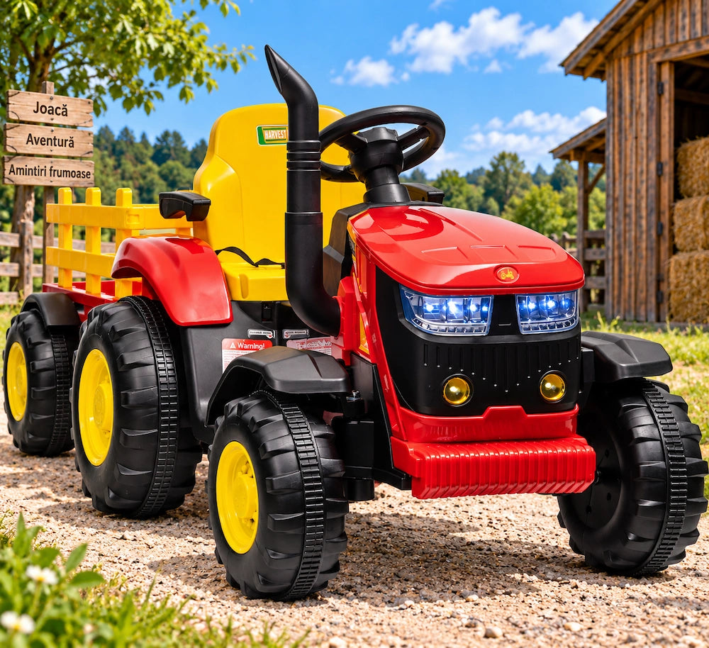 Tractor Electric cu Telecomandă pentru Copii KIDOO, cu Remorcă și Gard, Far, Sunet Motor, Claxon, MP3/USB – 3-6 Ani Rosu