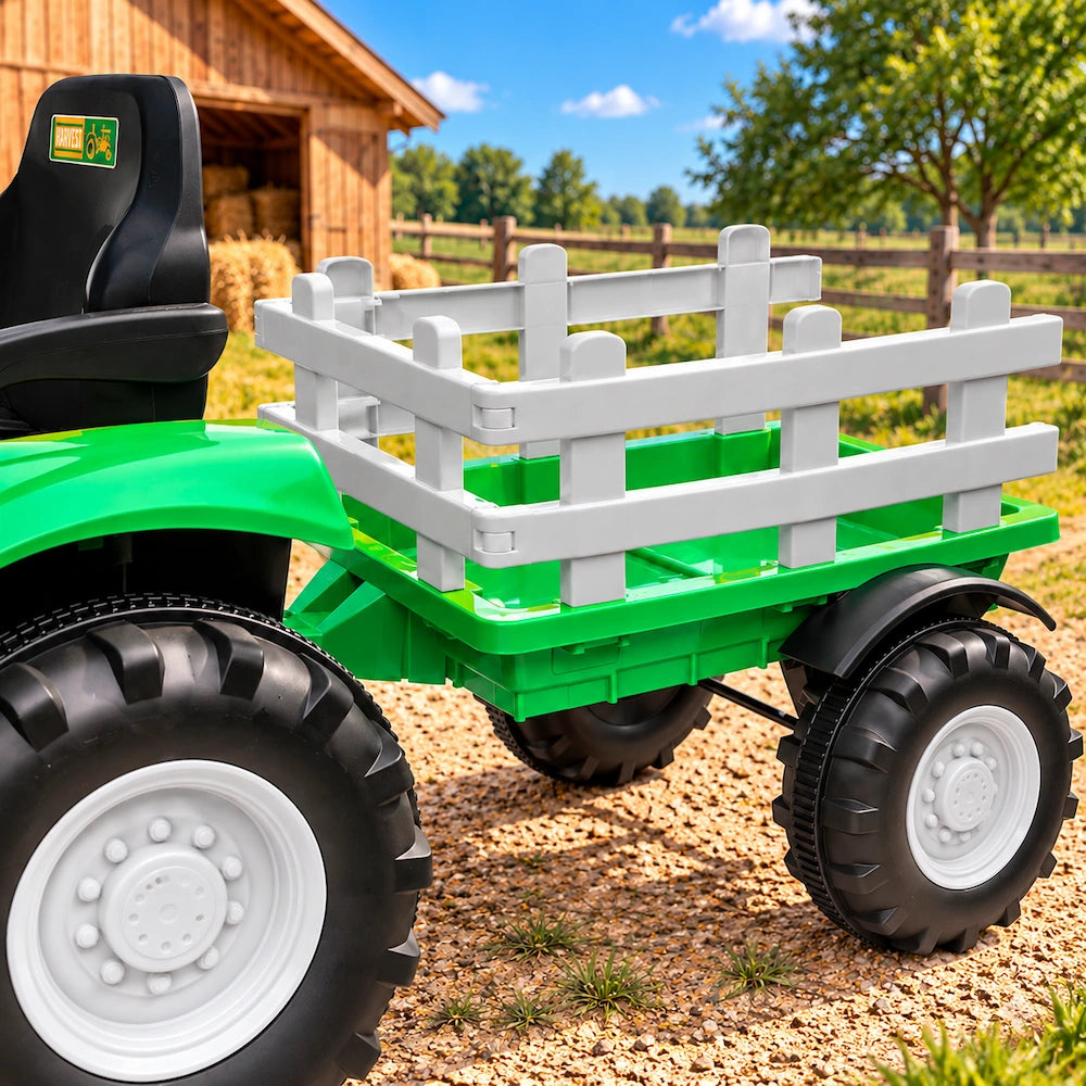 Tractor Electric cu Telecomandă pentru Copii KIDOO, cu Remorcă și Gard, Far, Sunet Motor, Claxon, MP3/USB – 3-6 Ani Verde