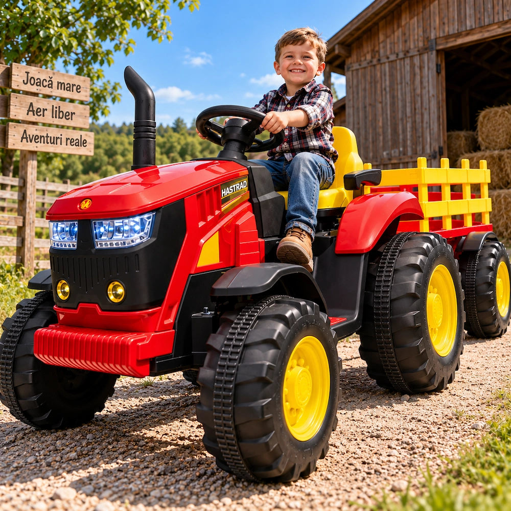 Tractor Electric cu Telecomandă pentru Copii KIDOO, cu Remorcă și Gard, Far, Sunet Motor, Claxon, MP3/USB – 3-6 Ani Rosu