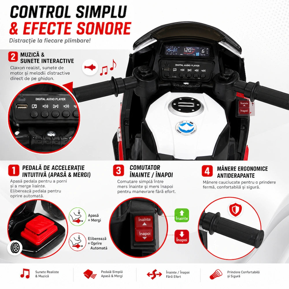 Motocicletă Electrică pentru Copii KI-0003, 6V, 3 Roți, Baterie Reîncărcabilă, 2-6 Ani