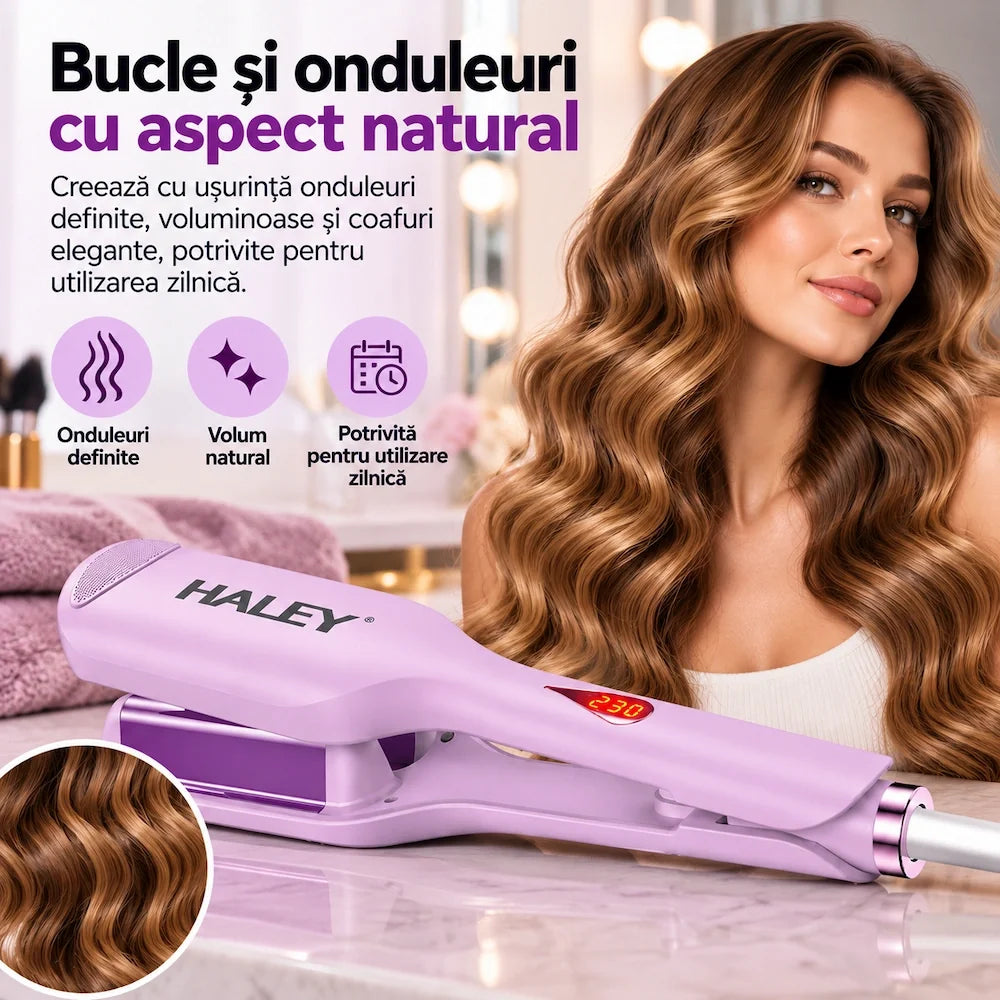 Placă de Creponat Păr HALEY HY-3024, Fier de Păr Ondulat cu Clemă, Plăci Non-Stick, Termostat și Afișaj LED