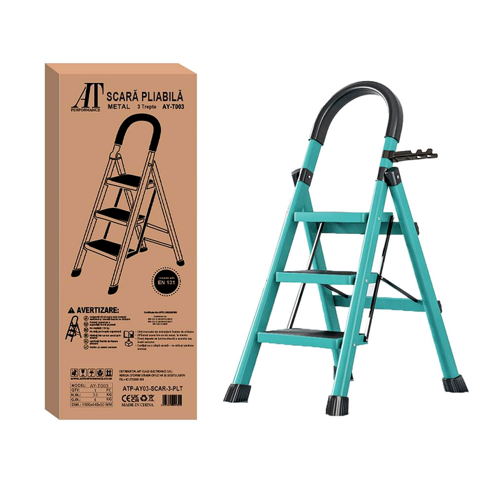Scara Pliabila cu 3 Trepte Late, At Performance, 72x59x41 cm, Metalica, Maxim 150 Kg, Picioare Antialunecare