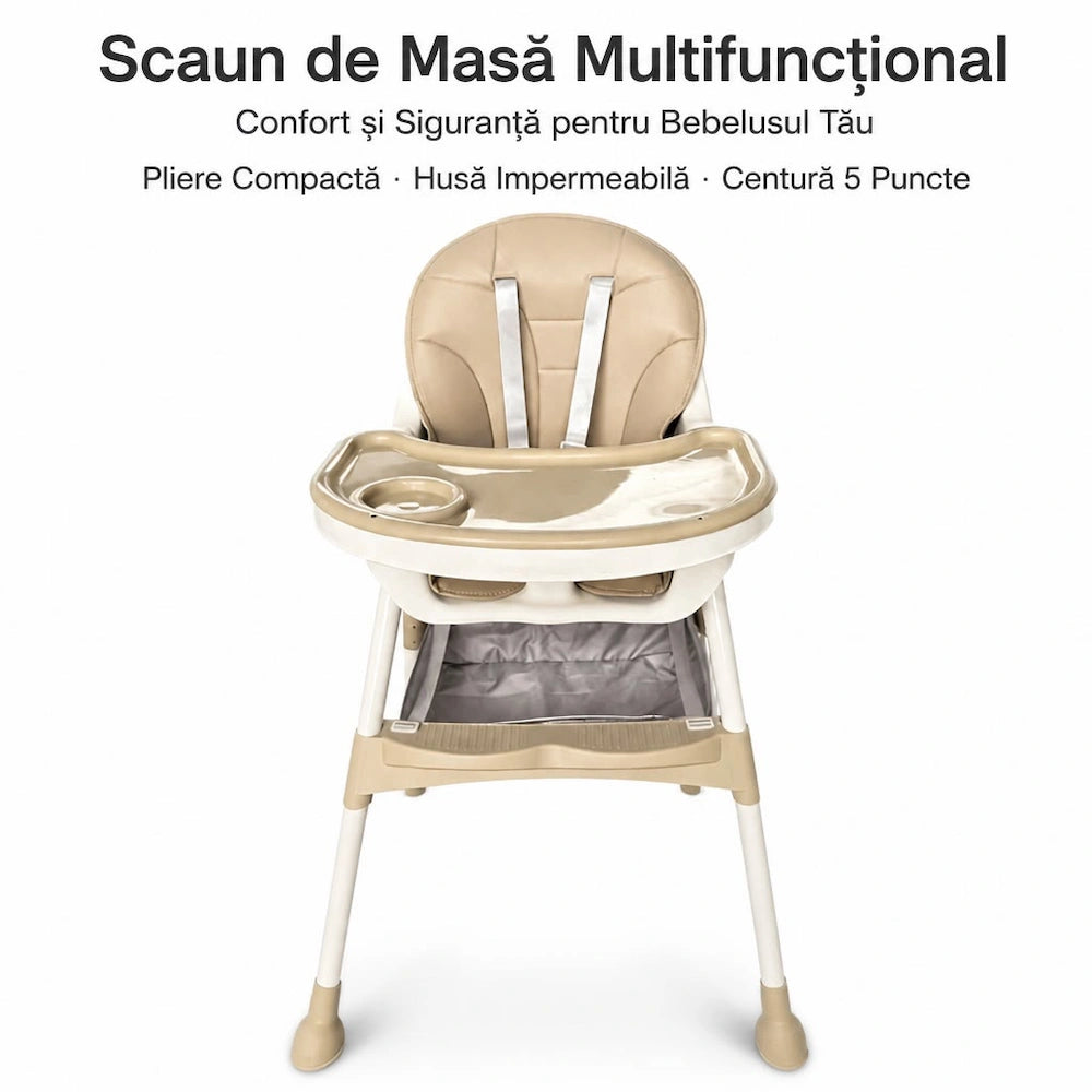 Scaun de Masă pentru Bebeluși KIDOO KD-44, 6–72 Luni, Centură în 5 Puncte, Tavă Detașabilă, Bej/Roz/Gri