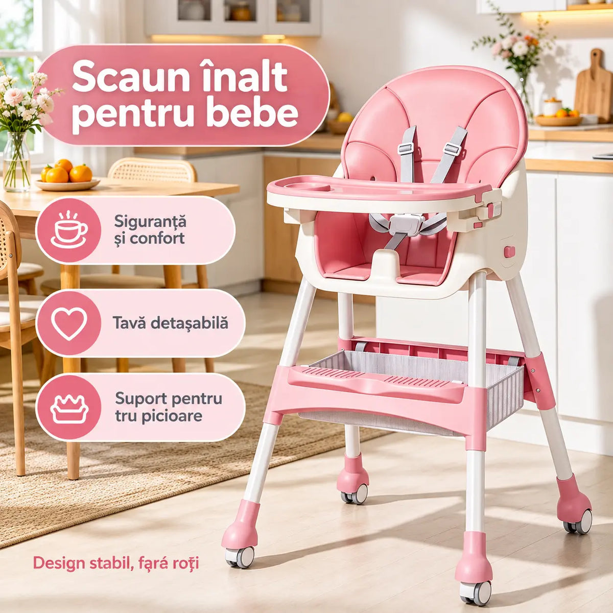 Scaun de Masă pentru Bebeluși KIDOO KD-44, 6–72 Luni, Centură în 5 Puncte, Tavă Detașabilă, Bej/Roz/Gri
