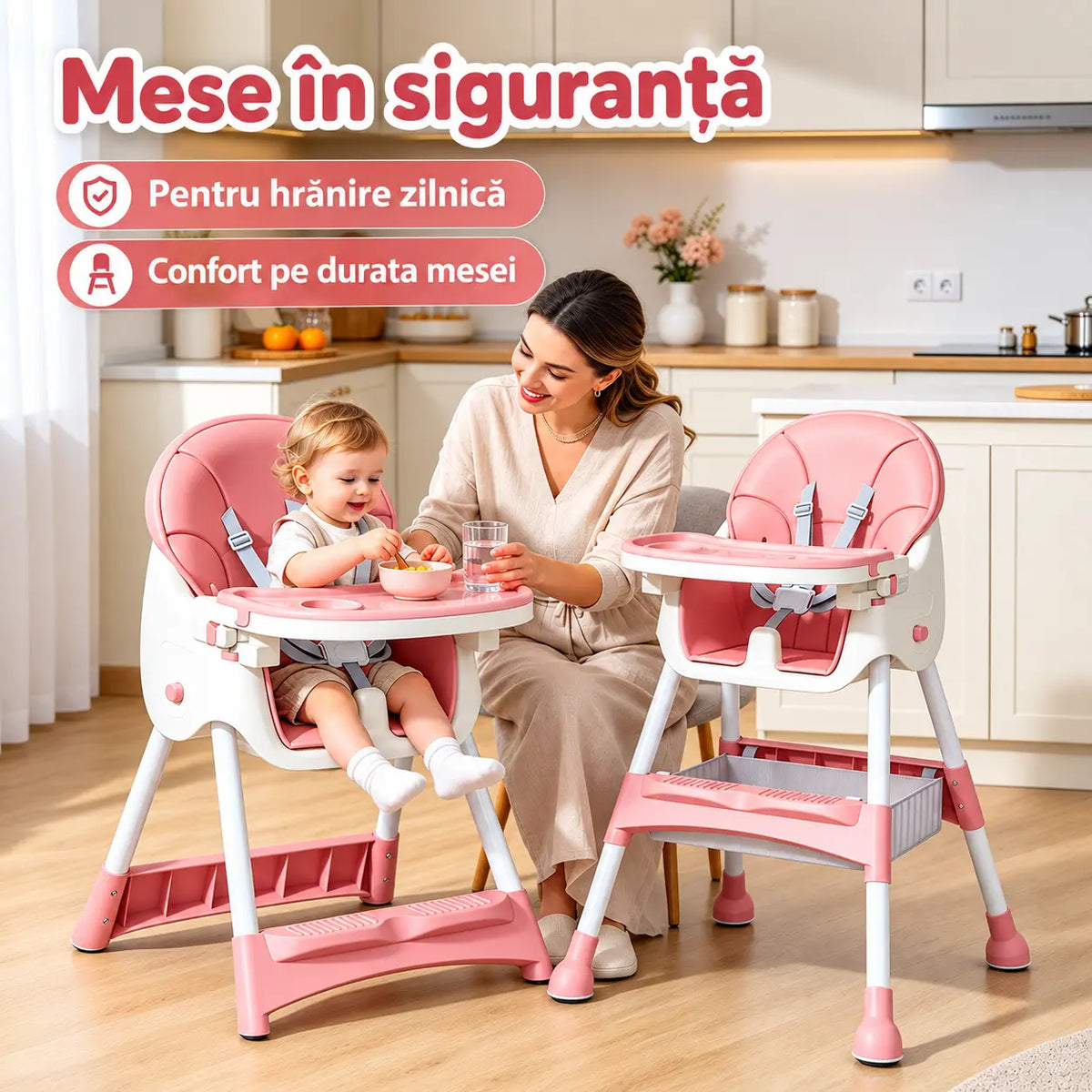 Scaun de Masă pentru Bebeluși KIDOO KD-44, 6–72 Luni, Centură în 5 Puncte, Tavă Detașabilă, Bej/Roz/Gri