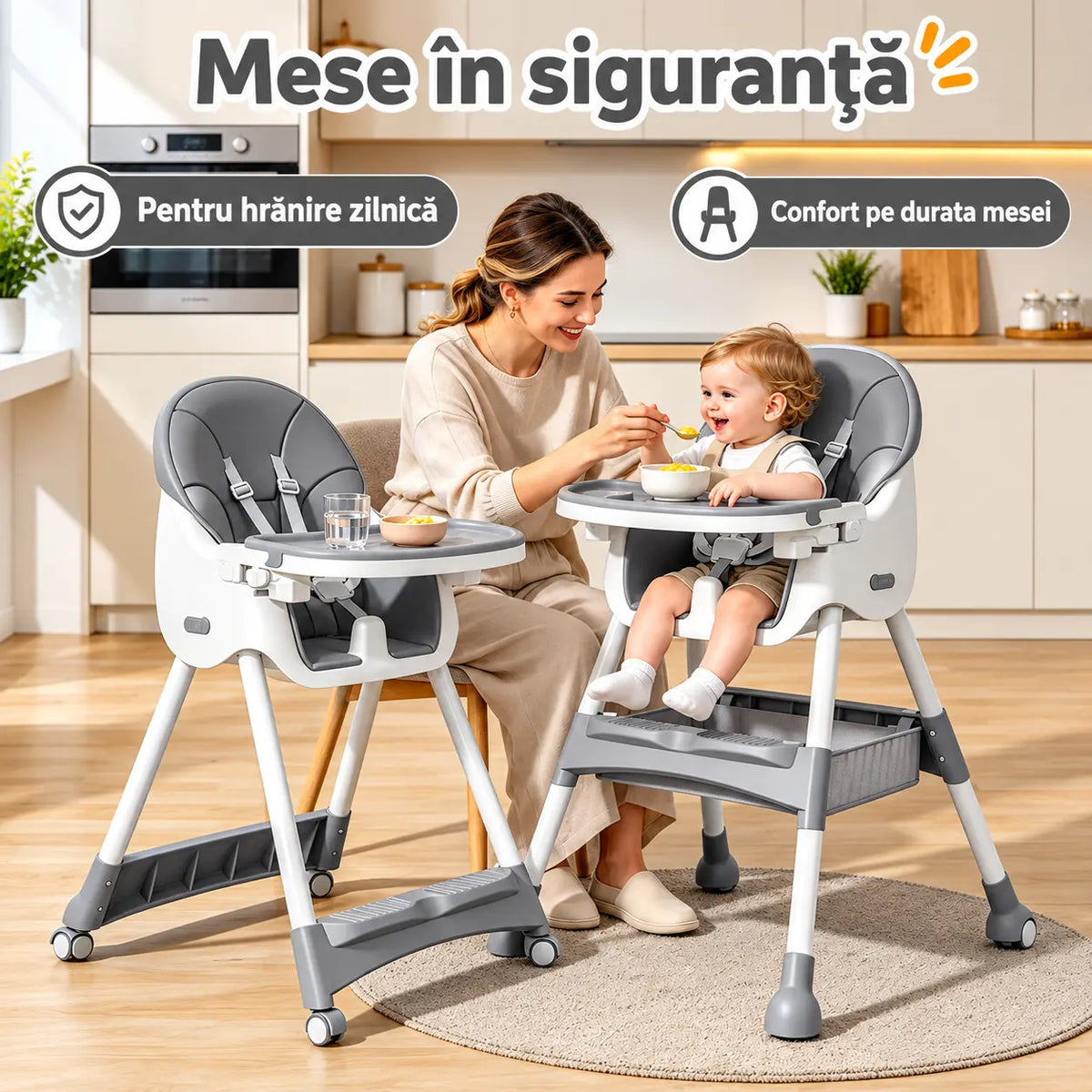 Scaun de Masă pentru Bebeluși KIDOO KD-44, 6–72 Luni, Centură în 5 Puncte, Tavă Detașabilă, Bej/Roz/Gri
