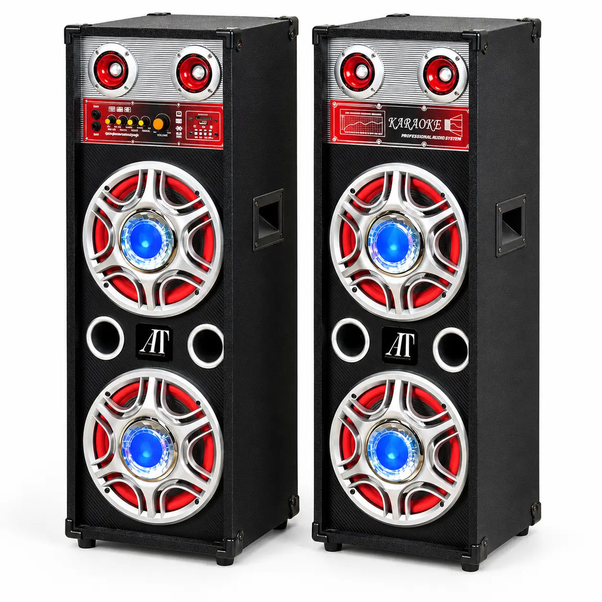 Set 2 Boxe Karaoke 1000W cu 4 Woofere de 10”, Bluetooth, MP3, USB-C, Card SD/MMC, AUX, Radio FM, Lumini LED, Reglaj Bass
