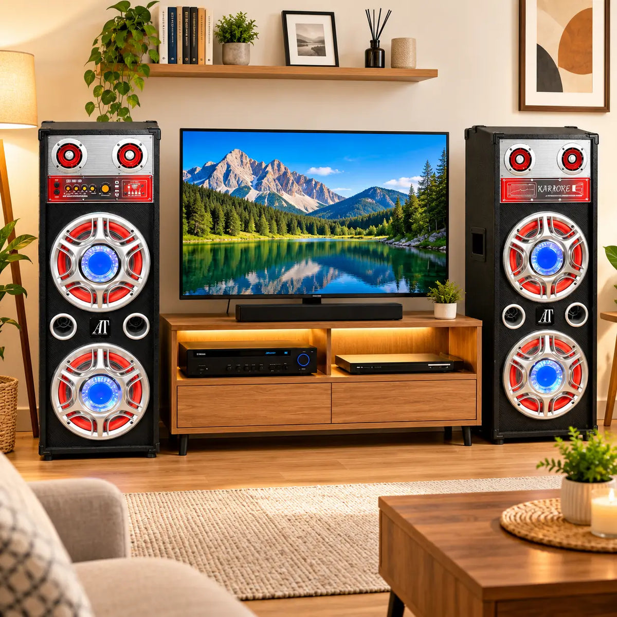 Set 2 Boxe Karaoke 1000W cu 4 Woofere de 10”, Bluetooth, MP3, USB-C, Card SD/MMC, AUX, Radio FM, Lumini LED, Reglaj Bass