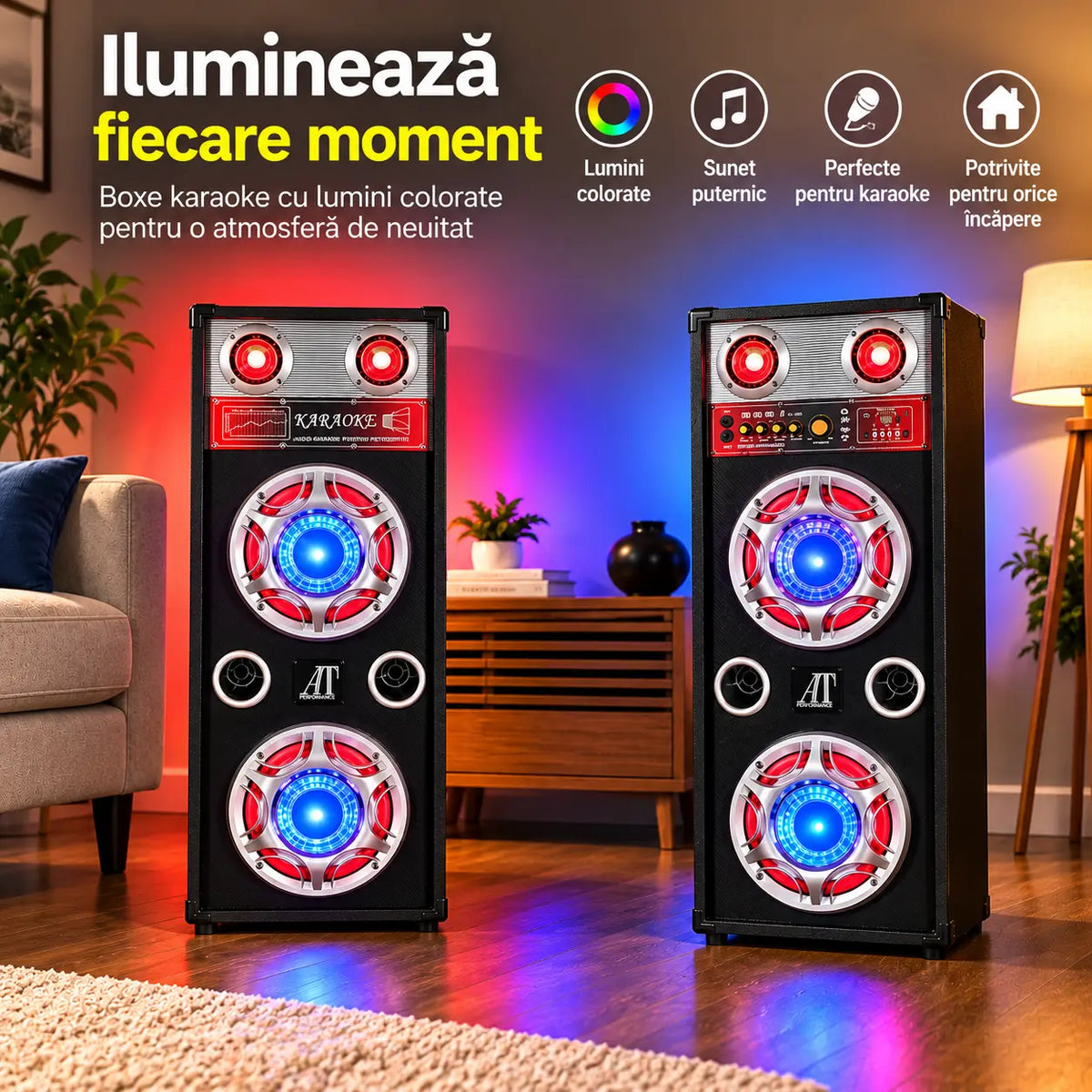 Set 2 Boxe Karaoke 1000W cu 4 Woofere de 10”, Bluetooth, MP3, USB-C, Card SD/MMC, AUX, Radio FM, Lumini LED, Reglaj Bass