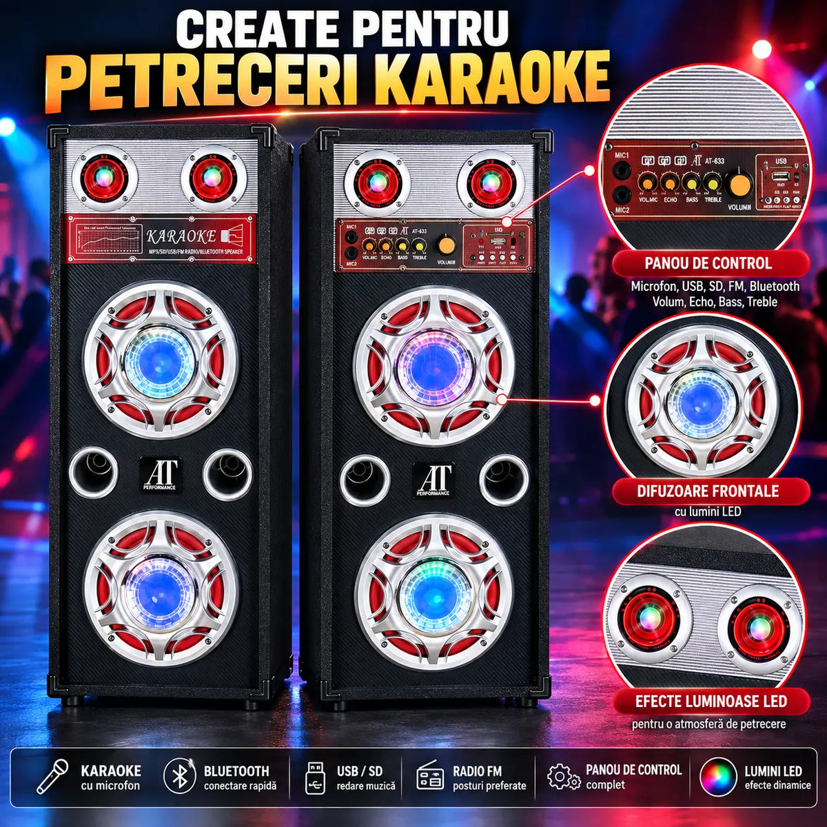 Set 2 Boxe Karaoke 1000W cu 4 Woofere de 10”, Bluetooth, MP3, USB-C, Card SD/MMC, AUX, Radio FM, Lumini LED, Reglaj Bass
