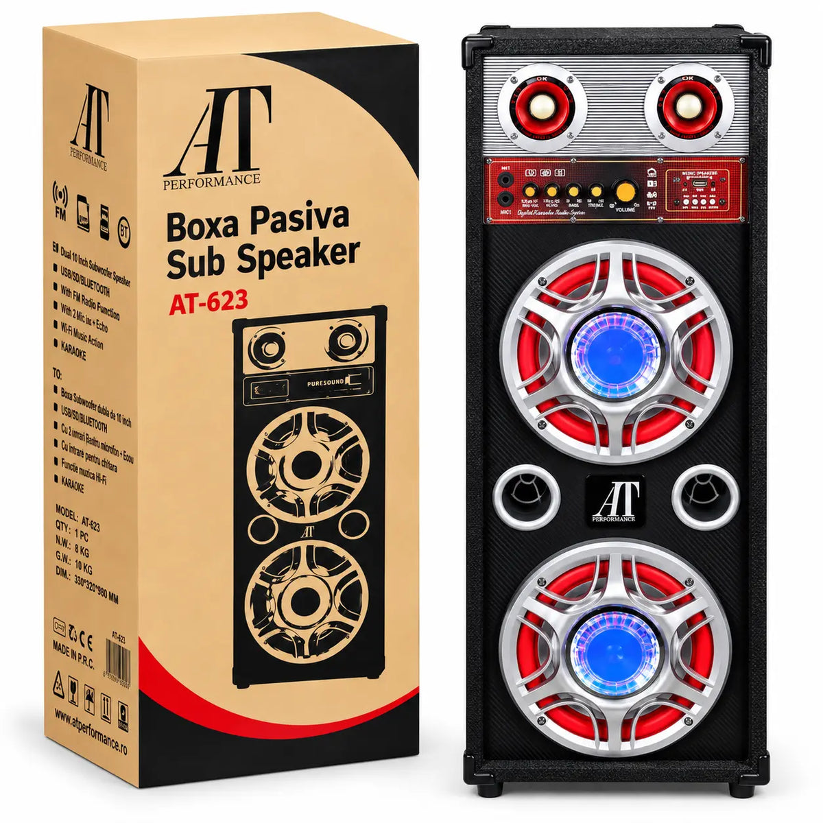 Set 2 Boxe Karaoke 1000W cu 4 Woofere de 10”, Bluetooth, MP3, USB-C, Card SD/MMC, AUX, Radio FM, Lumini LED, Reglaj Bass