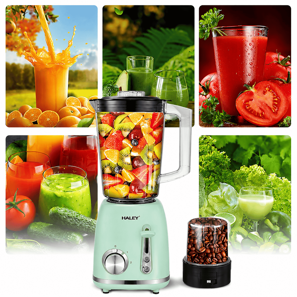 Blender 2 în 1 HALEY HY-2962, 500W, Recipient 1.5L, 2 Viteze + Funcție Pulse, Râșniță, Zdrobire Gheață, Lame din Oțel Inoxidabil, Verde Mentă
