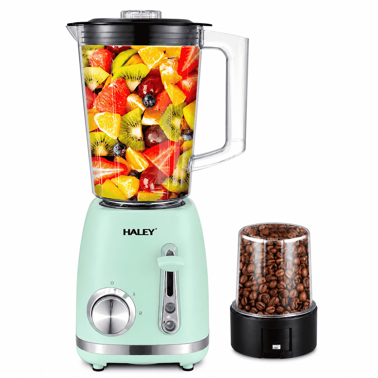Blender 2 în 1 HALEY HY-2962, 500W, Recipient 1.5L, 2 Viteze + Funcție Pulse, Râșniță, Zdrobire Gheață, Lame din Oțel Inoxidabil, Verde Mentă