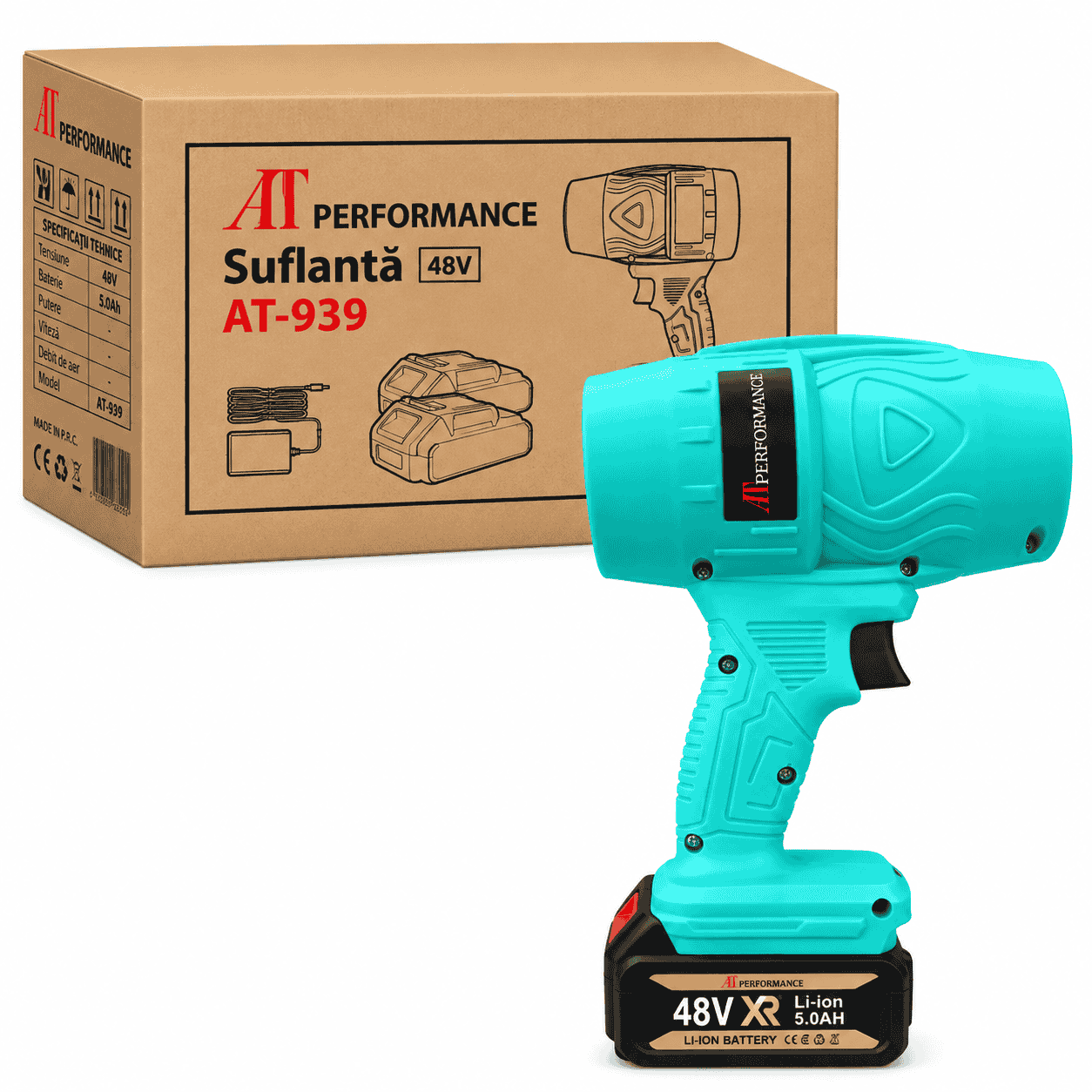 Suflantă Electrică Portabilă 48V AT Performance AT-939 Tiffany Blue cu 2 Baterii Li-Ion 5.0Ah și Încărcător