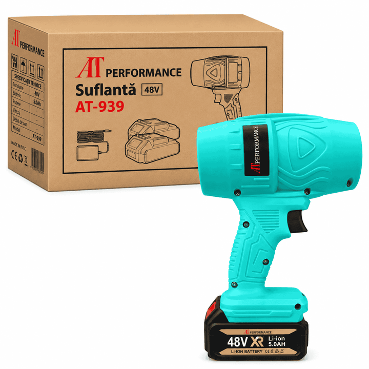 Suflantă Electrică Portabilă 48V AT Performance AT-939 Tiffany Blue cu 2 Baterii Li-Ion 5.0Ah și Încărcător