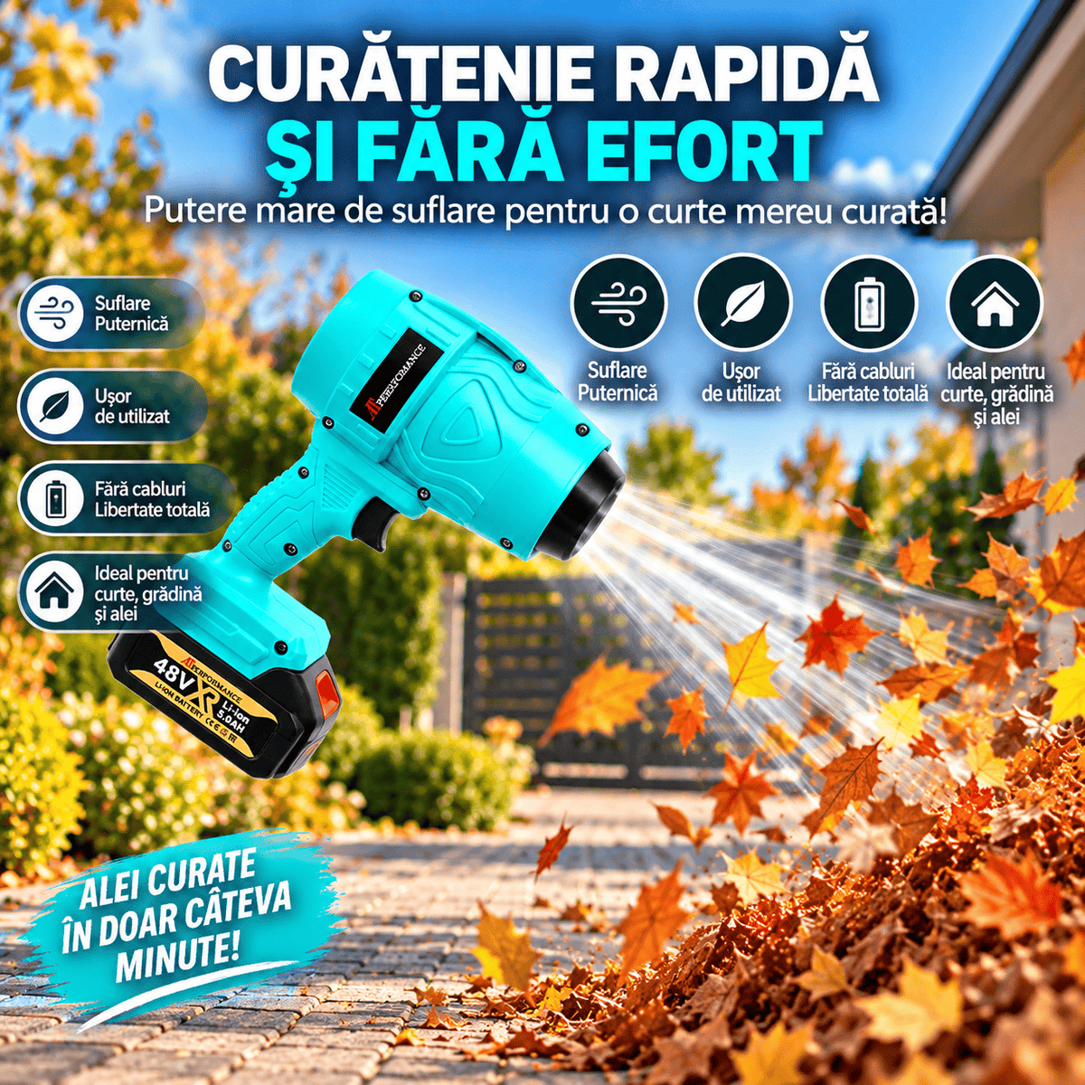 Suflantă Electrică Portabilă 48V AT Performance AT-939 Tiffany Blue cu 2 Baterii Li-Ion 5.0Ah și Încărcător