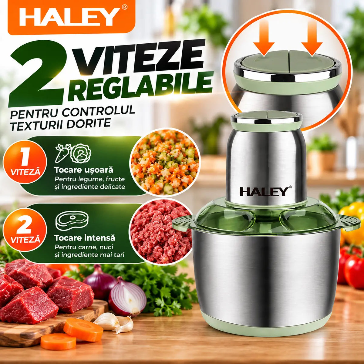Tocător Electric HALEY 1000W, 4 Lame Inox, Bol 5L Full Inox, 2 Viteze, 2 Palete Interșanjabile