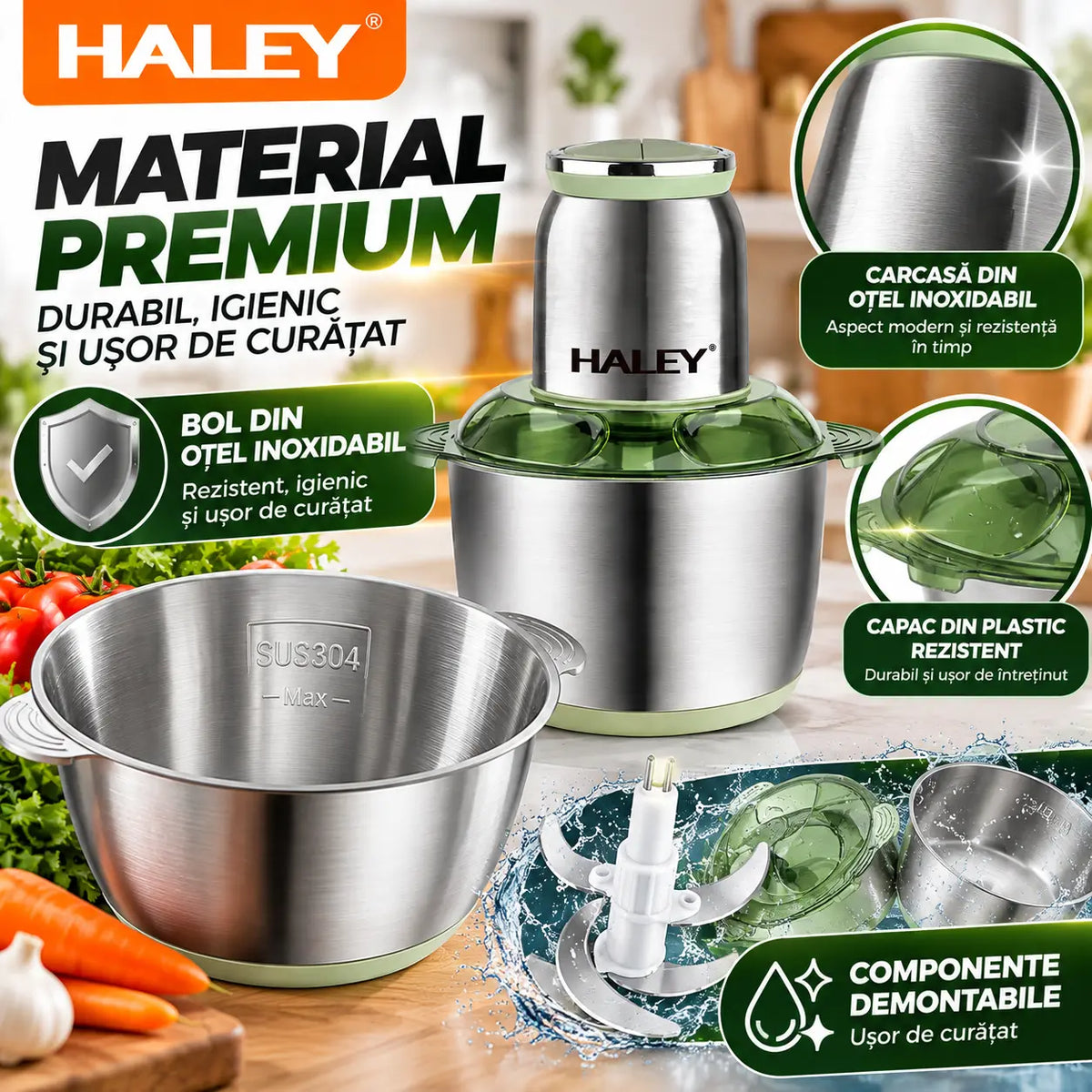 Tocător Electric HALEY 1000W, 4 Lame Inox, Bol 5L Full Inox, 2 Viteze, 2 Palete Interșanjabile