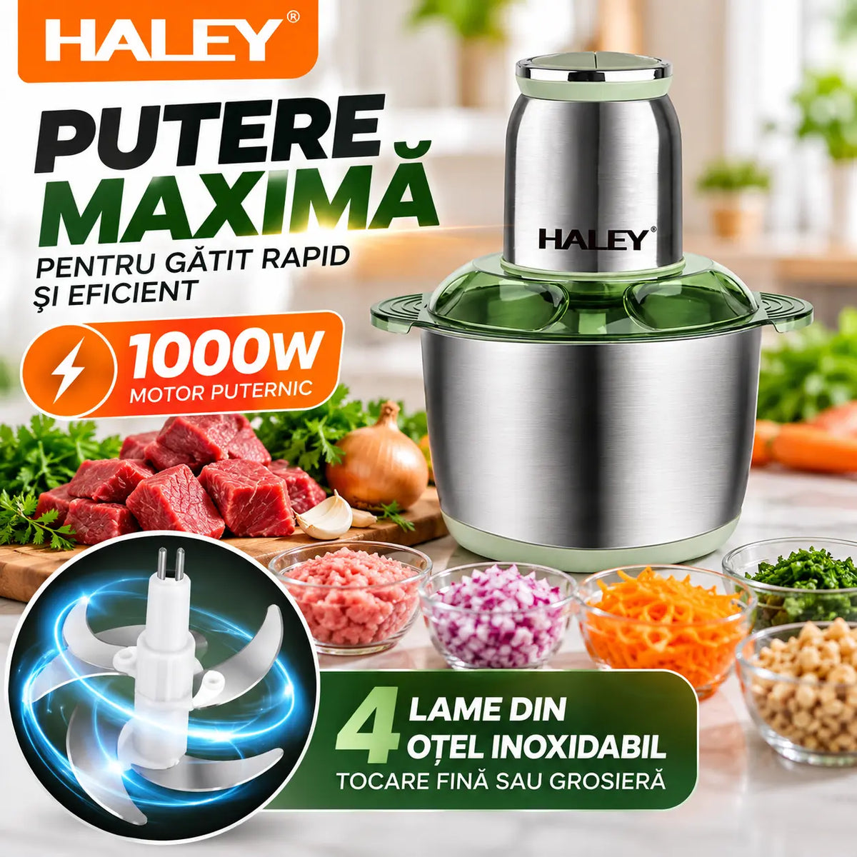Tocător Electric HALEY 1000W, 4 Lame Inox, Bol 5L Full Inox, 2 Viteze, 2 Palete Interșanjabile