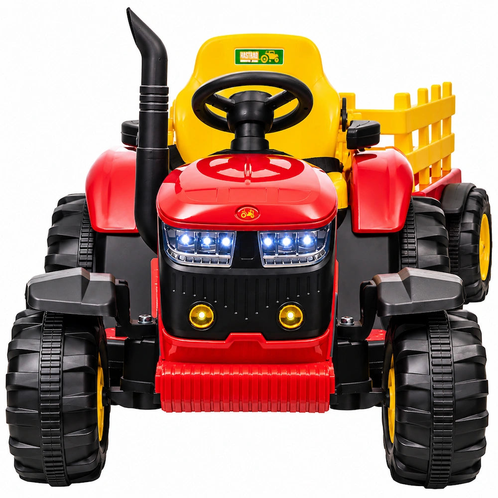 Tractor electric KIDOO® roșu cu elemente galbene, vedere frontală pe fundal alb