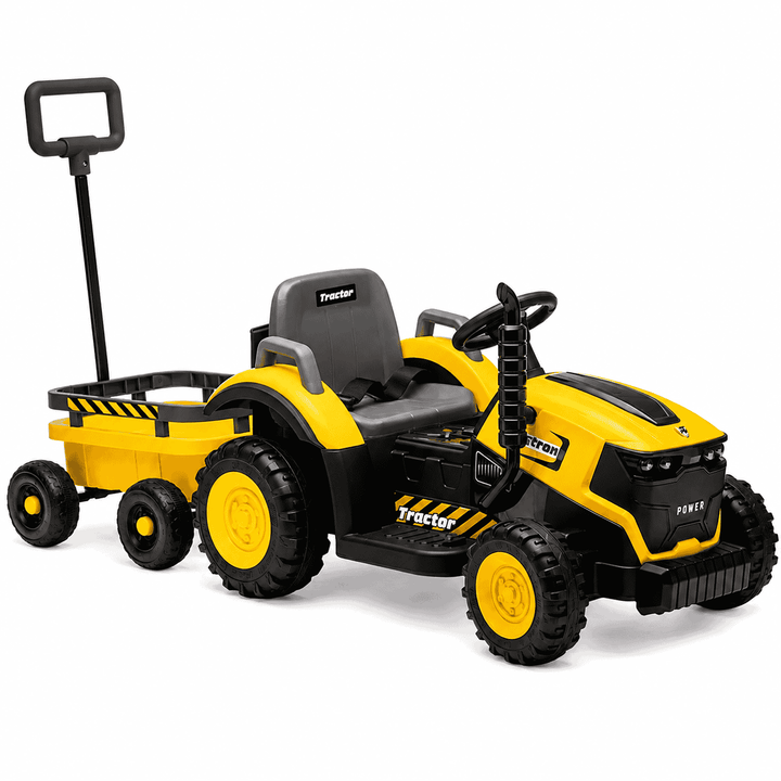 Tractor Electric KIDOO pentru Copii cu Telecomandă 2.4G, Remorcă Detașabilă, 12V 4.5Ah, 2 Motoare 380, Lumini LED, Muzică, Centură de Siguranță, Galben/Gri