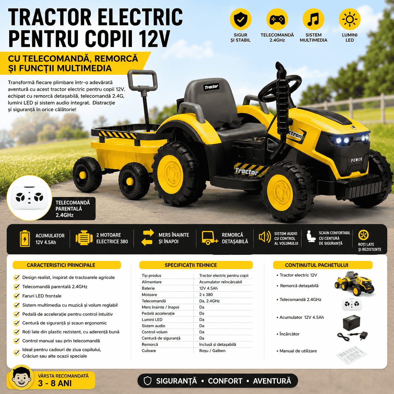 Tractor Electric KIDOO pentru Copii cu Telecomandă 2.4G, Remorcă Detașabilă, 12V 4.5Ah, 2 Motoare 380, Lumini LED, Muzică, Centură de Siguranță, Galben/Gri