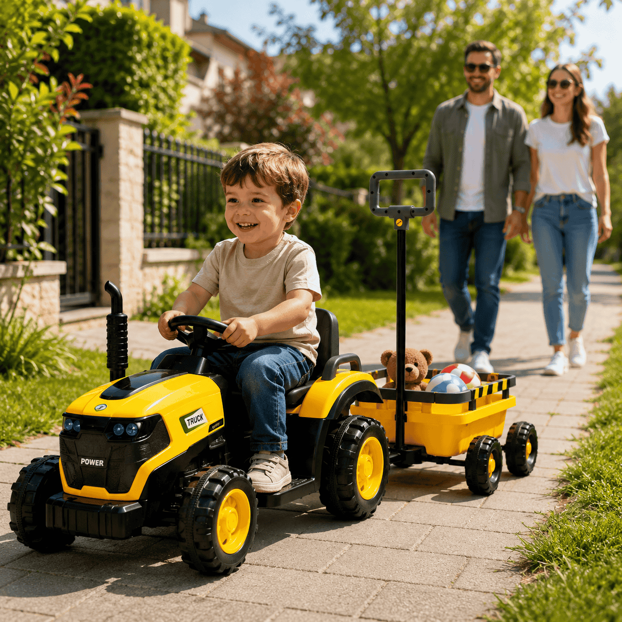 Tractor Electric KIDOO pentru Copii cu Telecomandă 2.4G, Remorcă Detașabilă, 12V 4.5Ah, 2 Motoare 380, Lumini LED, Muzică, Centură de Siguranță, Galben/Gri