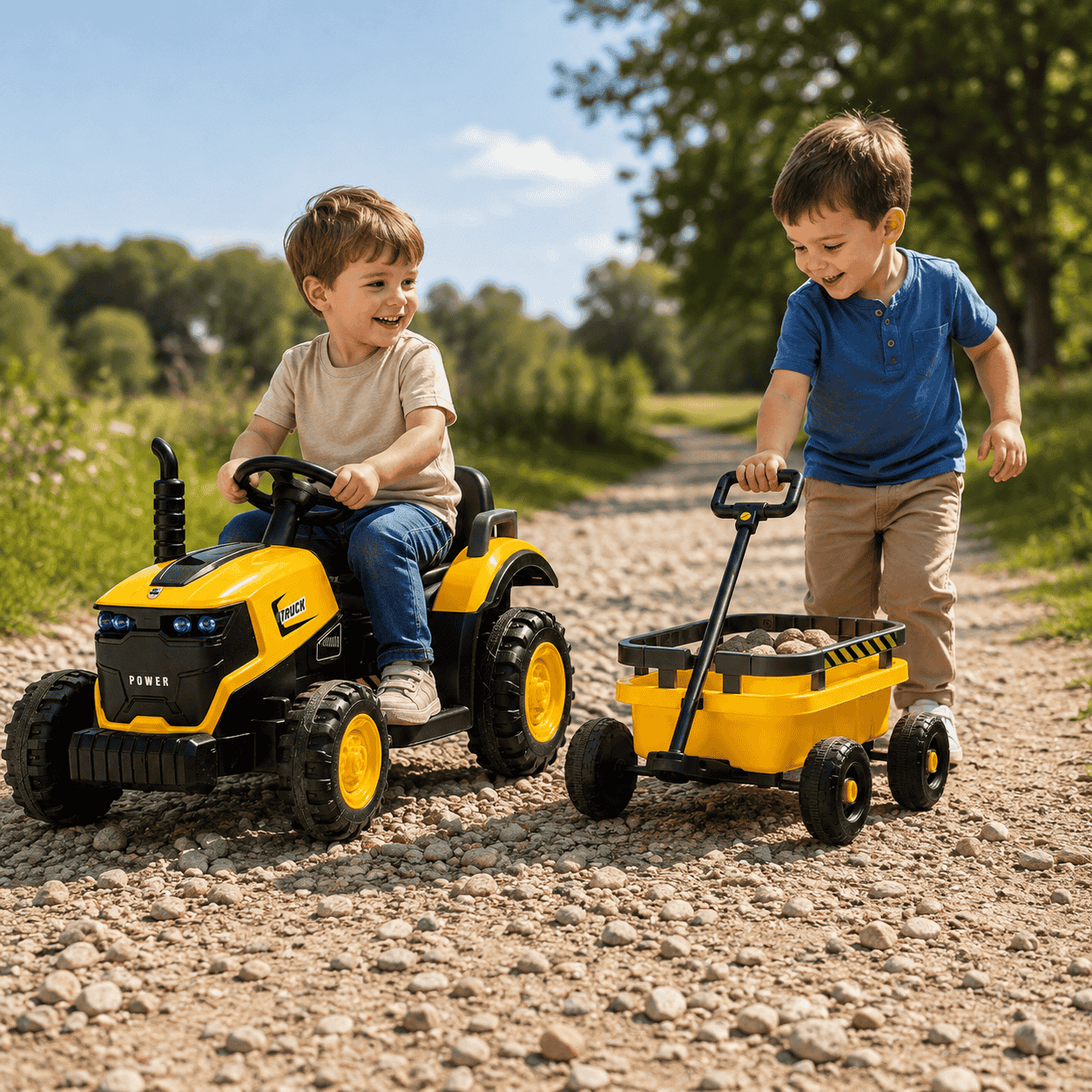 Tractor Electric KIDOO pentru Copii cu Telecomandă 2.4G, Remorcă Detașabilă, 12V 4.5Ah, 2 Motoare 380, Lumini LED, Muzică, Centură de Siguranță, Galben/Gri