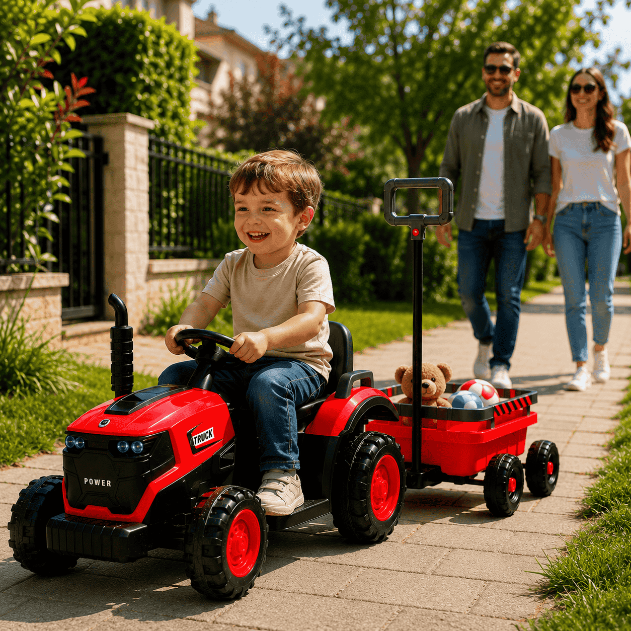 Tractor Electric KIDOO pentru Copii cu Telecomandă 2.4G, Remorcă Detașabilă, 12V 4.5Ah, 2 Motoare 380, Lumini LED, Muzică, Centură de Siguranță, Roșu/Galben