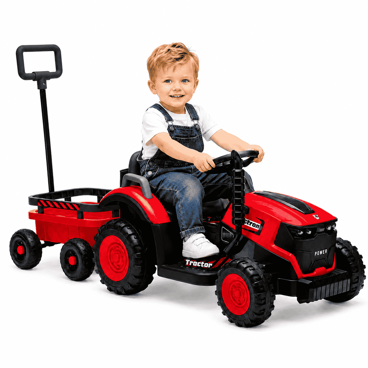 Tractor Electric KIDOO pentru Copii cu Telecomandă 2.4G, Remorcă Detașabilă, 12V 4.5Ah, 2 Motoare 380, Lumini LED, Muzică, Centură de Siguranță, Roșu/Galben