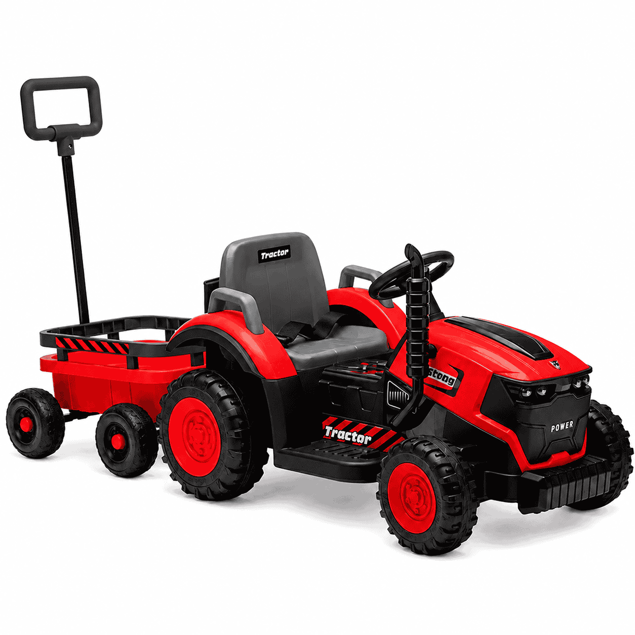 Tractor Electric KIDOO pentru Copii cu Telecomandă 2.4G, Remorcă Detașabilă, 12V 4.5Ah, 2 Motoare 380, Lumini LED, Muzică, Centură de Siguranță, Roșu/Galben