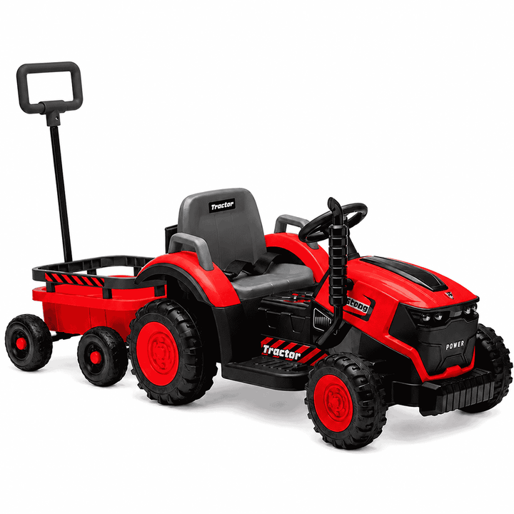 Tractor Electric KIDOO pentru Copii cu Telecomandă 2.4G, Remorcă Detașabilă, 12V 4.5Ah, 2 Motoare 380, Lumini LED, Muzică, Centură de Siguranță, Roșu/Galben