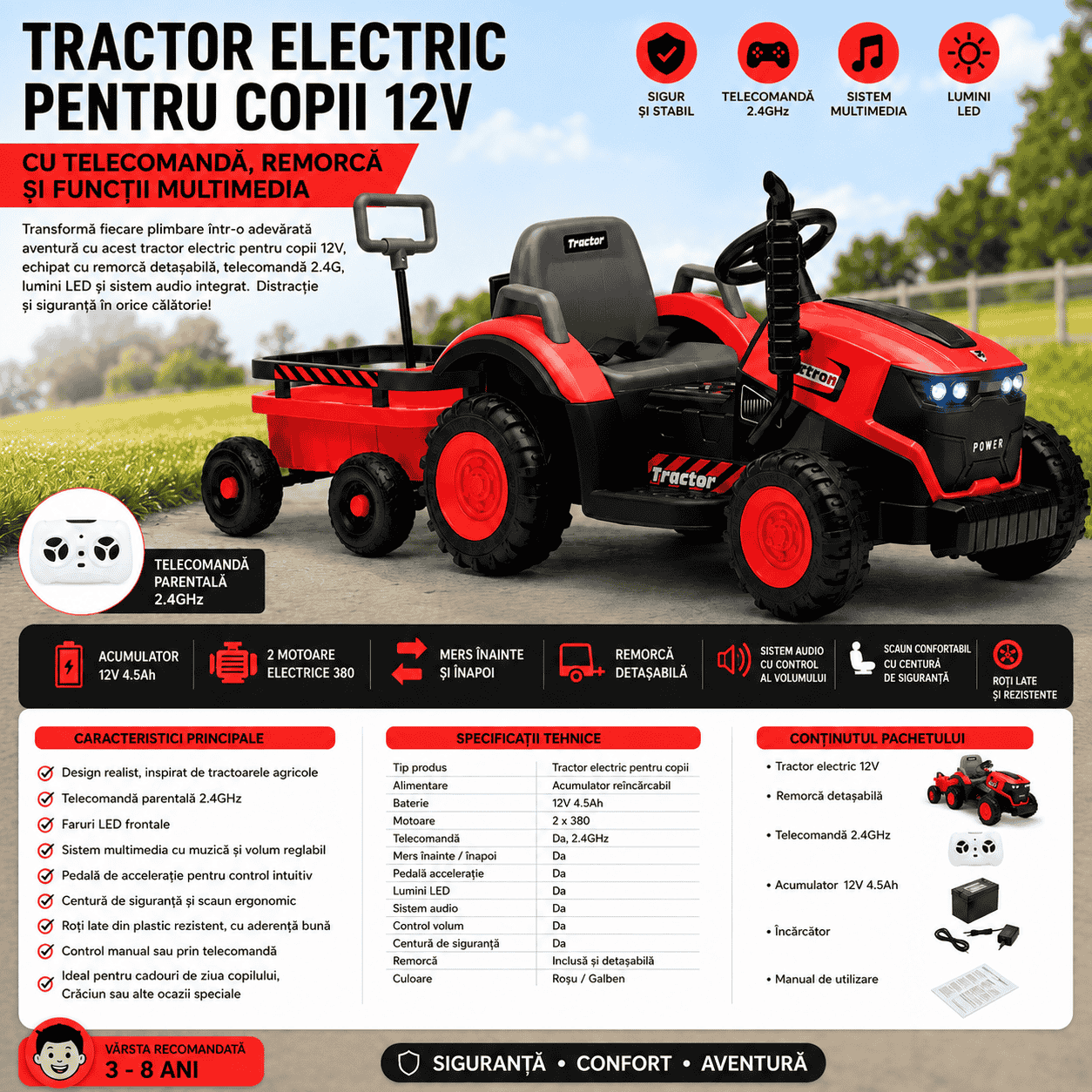 Tractor Electric KIDOO pentru Copii cu Telecomandă 2.4G, Remorcă Detașabilă, 12V 4.5Ah, 2 Motoare 380, Lumini LED, Muzică, Centură de Siguranță, Roșu/Galben