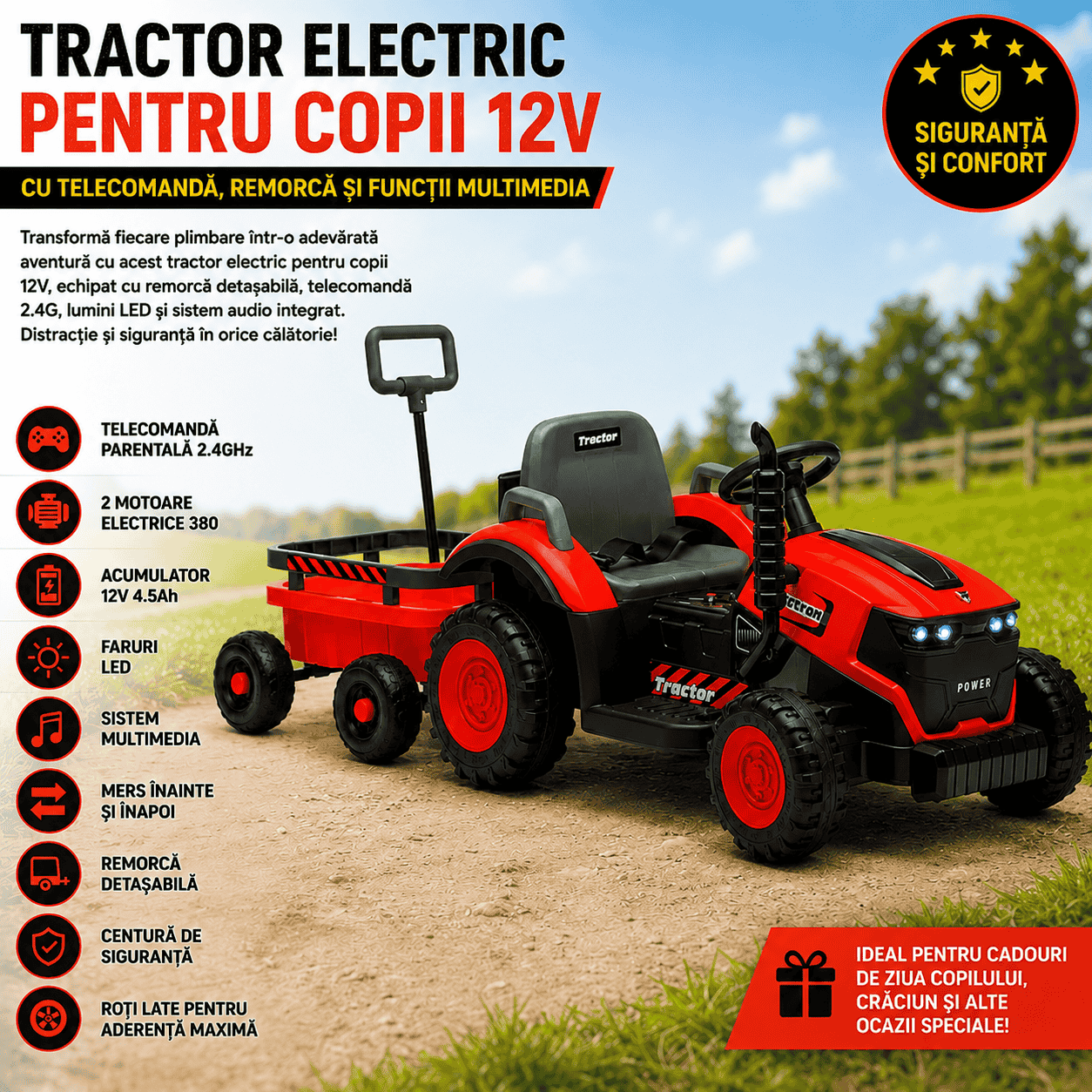 Tractor Electric KIDOO pentru Copii cu Telecomandă 2.4G, Remorcă Detașabilă, 12V 4.5Ah, 2 Motoare 380, Lumini LED, Muzică, Centură de Siguranță, Roșu/Galben