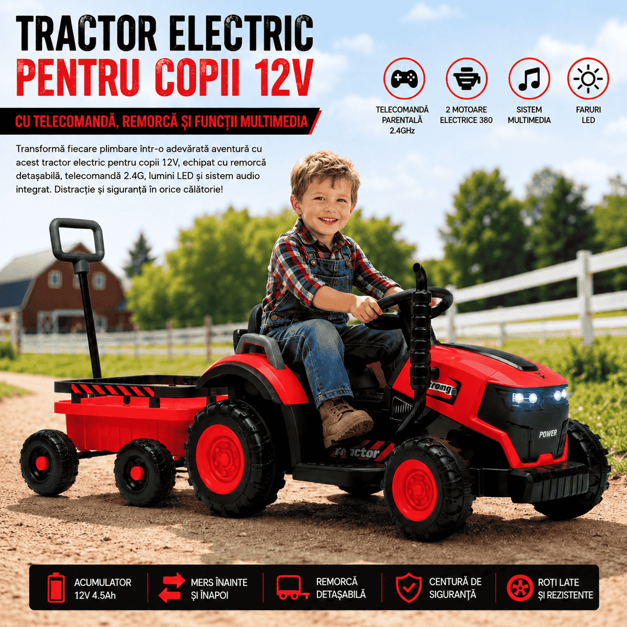 Tractor Electric KIDOO pentru Copii cu Telecomandă 2.4G, Remorcă Detașabilă, 12V 4.5Ah, 2 Motoare 380, Lumini LED, Muzică, Centură de Siguranță, Roșu/Galben