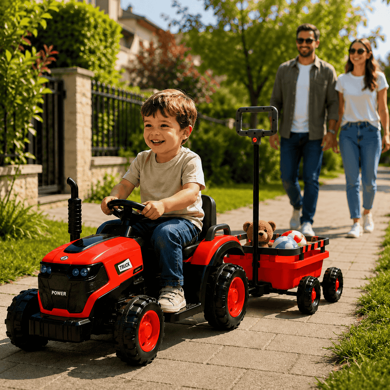 Tractor Electric KIDOO pentru Copii cu Telecomandă 2.4G, Remorcă Detașabilă, 12V 4.5Ah, 2 Motoare 380, Lumini LED, Muzică, Centură de Siguranță, Roșu/Galben