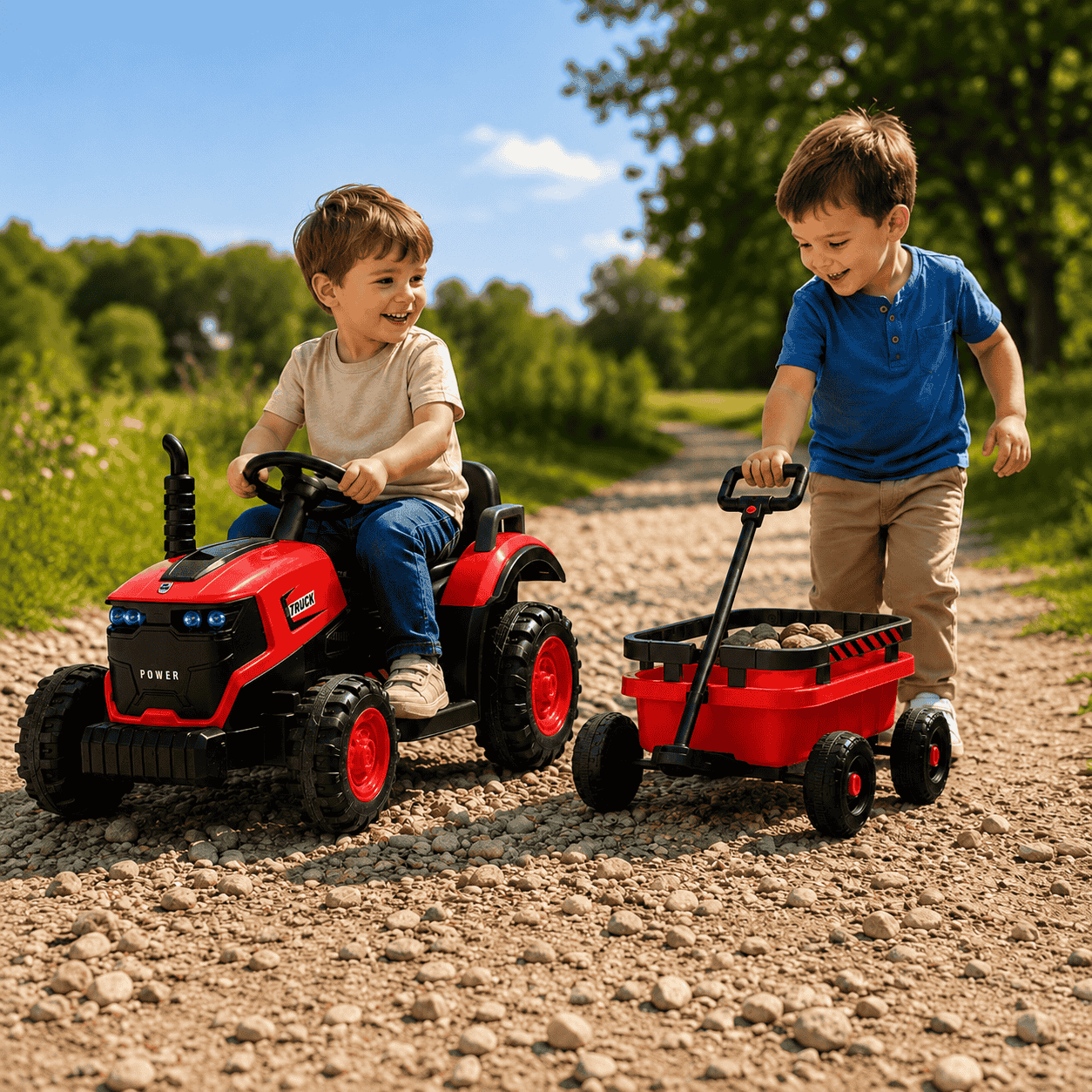 Tractor Electric KIDOO pentru Copii cu Telecomandă 2.4G, Remorcă Detașabilă, 12V 4.5Ah, 2 Motoare 380, Lumini LED, Muzică, Centură de Siguranță, Roșu/Galben
