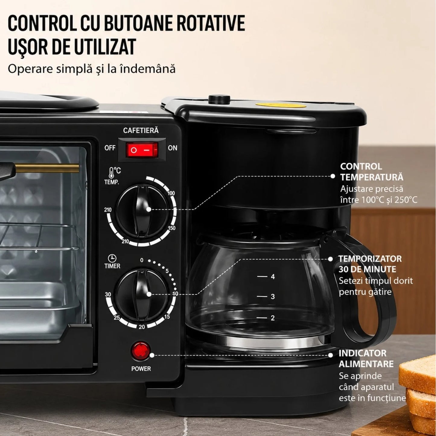 Cuptor Electric 3 în 1 cu Cafetieră Integrată, Grill și Timer – 2000W
