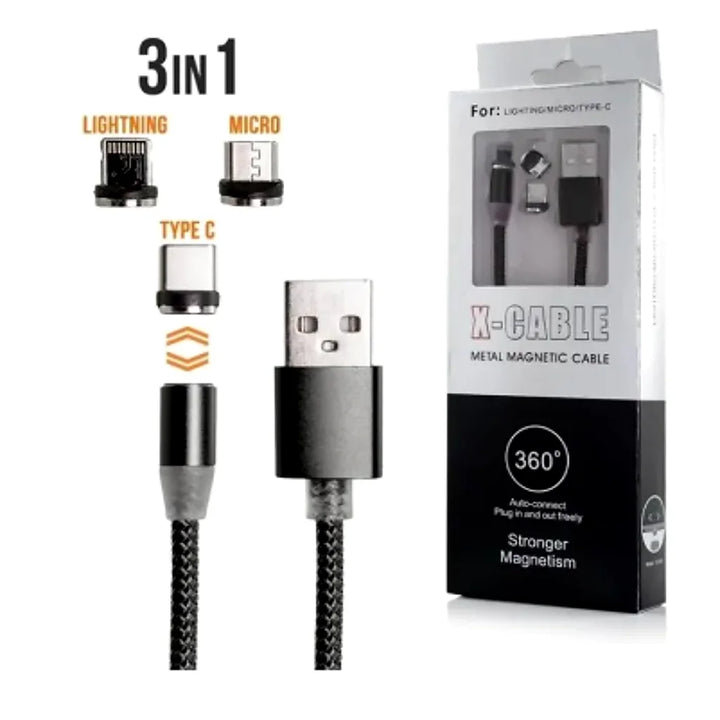 Cablu Magnetic 3 în 1 360° Metalic – Lightning / Micro USB / USB-C